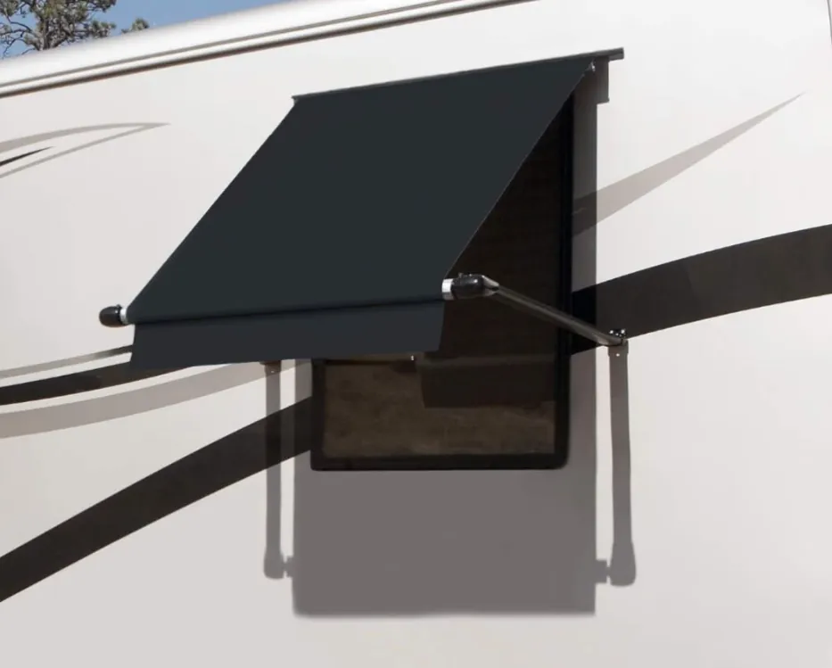Window and door awnings on an RV in Florida